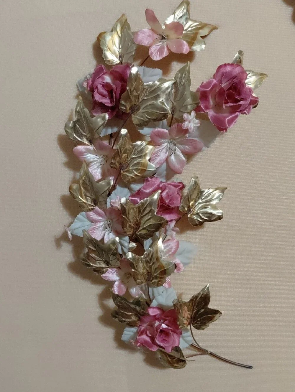 Home Interiors Pink and Gold Metal Floral Wall Sprays - Pair